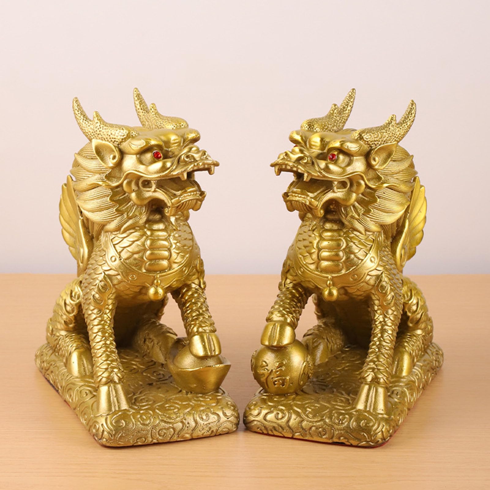 Para mosiężnych posągów Chi-Lin Kylin - figurki chińskiego bogactwa Kirin | Ozdoby i posągi Feng Shui do domu i biura, rzeźba dobrobytu przyciągająca bogactwo, powodzenia