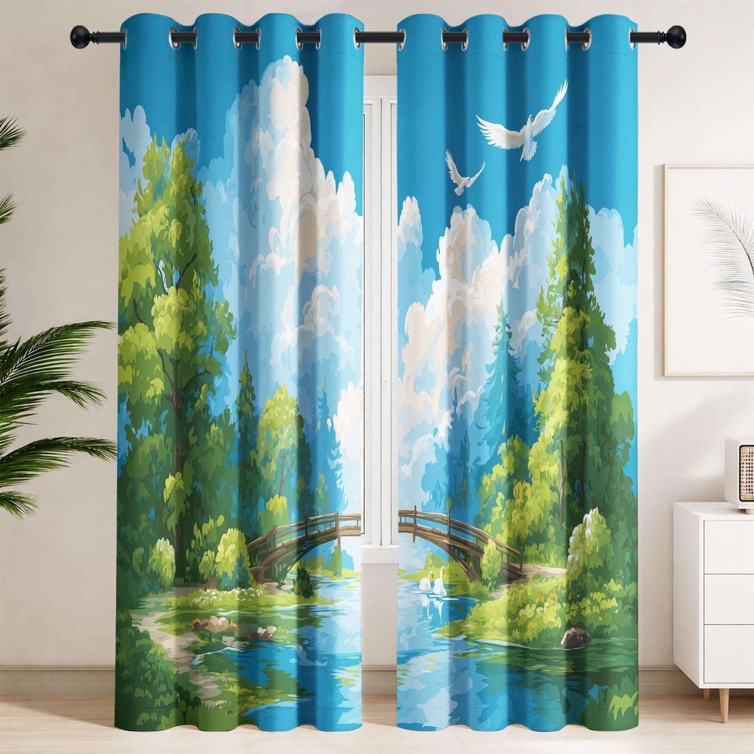 Générique Rideaux Occultants Nature Fraîche 140L X 260H cm Lac Serein, Pont Bois, forêt luxuriante – Isolation Thermique et Protection de l'Intimité, 2 Panneaux pour Chambre d'enfant