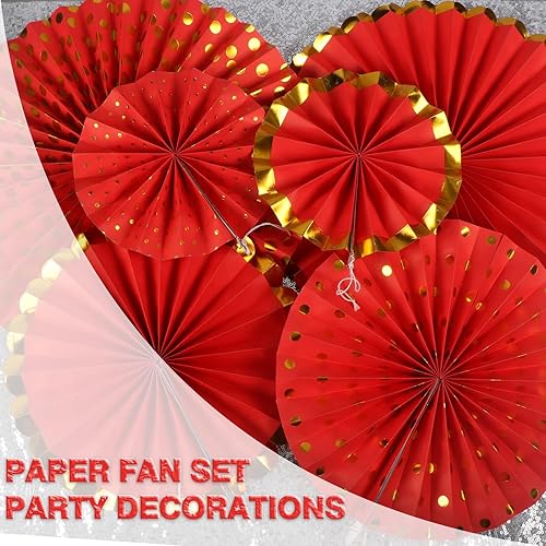 Miniatura 5 de ADLKGG Juego de 6 abanicos de papel colgantes, guirnaldas de papel con patrón redondo rojo y dorado, decoraciones de fiesta para graduación,