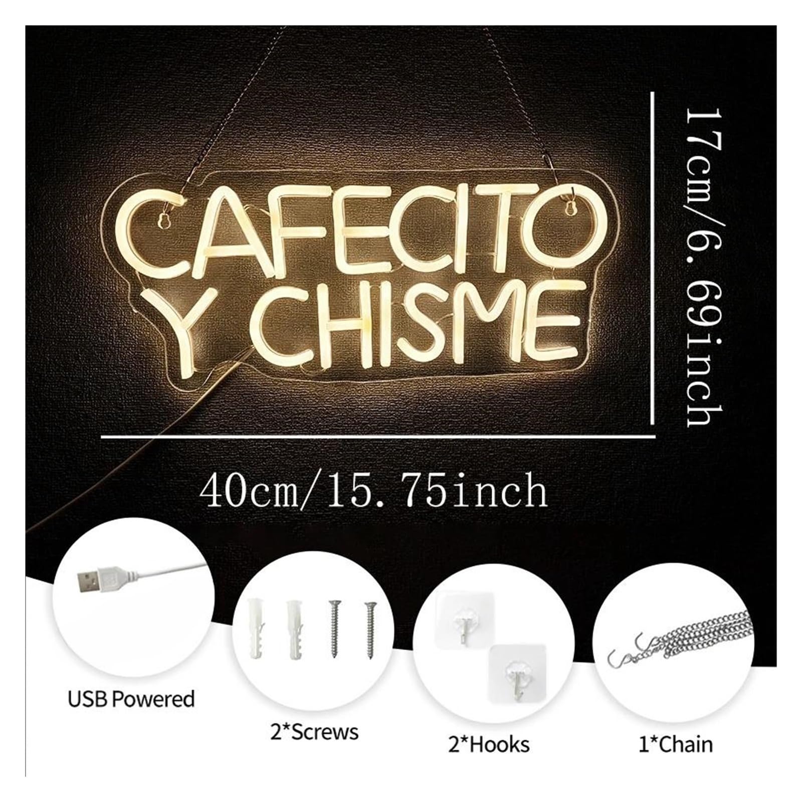 Insegna luminosa al neon Cafecito Y Chisme per insegna al per neon Luce LED bianca calda per alimentazione per USB per aziendale per caffetteria, ristorante, cucina, decorazione da parete 40 cm x 17
