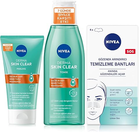 NIVEA Derma Skin Clear Sivilce Karşıtı Yüz Temizleyici Peeling 150ml + Tonik 200ml + Burun T-Bant 4 Adet