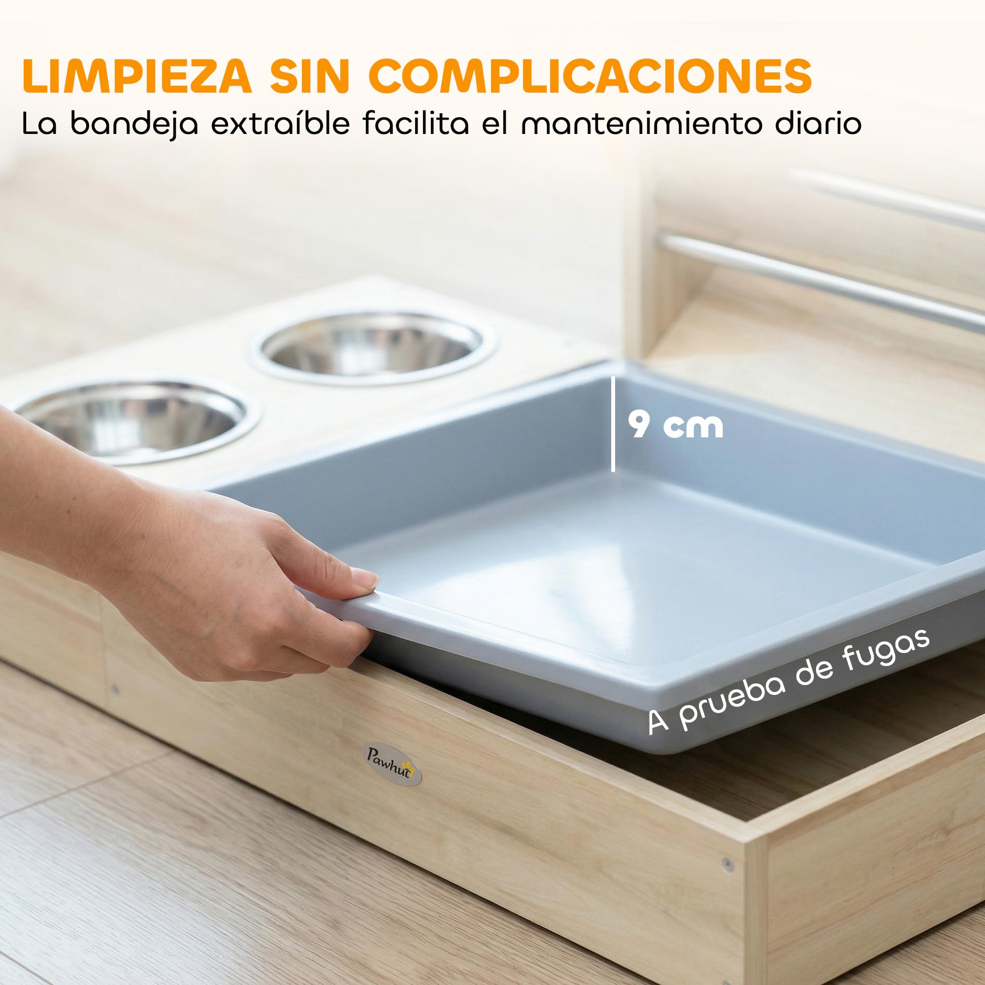 PawHut Comedero de Heno para Conejos con Bandeja, Alimentador de Heno de Madera con Cuenco de Acero Inoxidable y Botella de Agua, para Cobayas, Chinchillas, Gran Capacidad y Prevención de Residuos — view 4