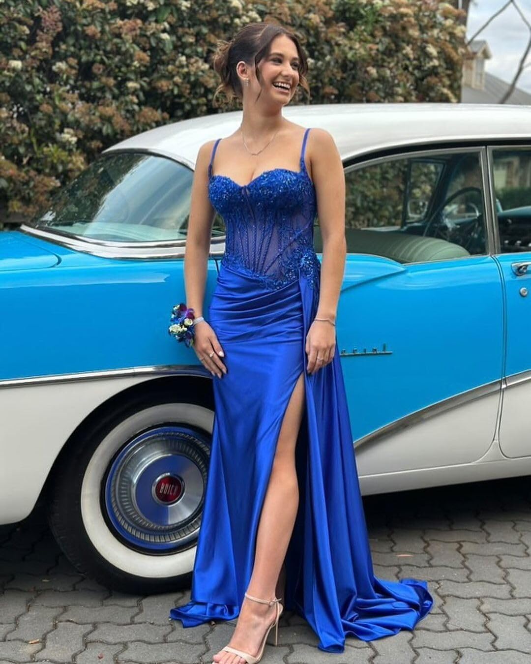 Spaghetti Strap Satin Prom Dresses with Slit Long Mermaid Sequin Formal Evening Gown Lace Applique Cocktail Dress