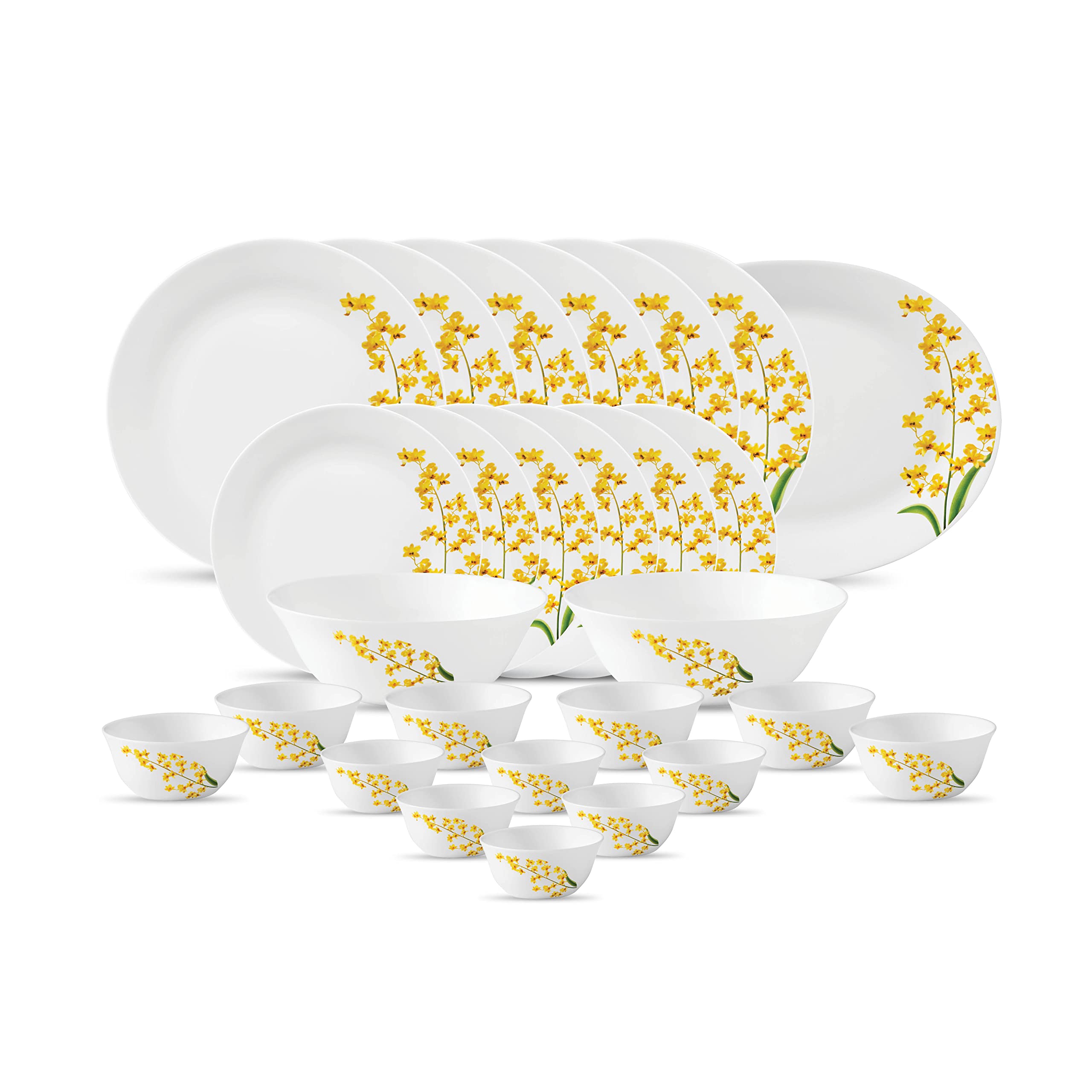La Opala Diva, Ivory Collection, Opal Glass Dinner Set 27 pcs, Yellow Grace, White