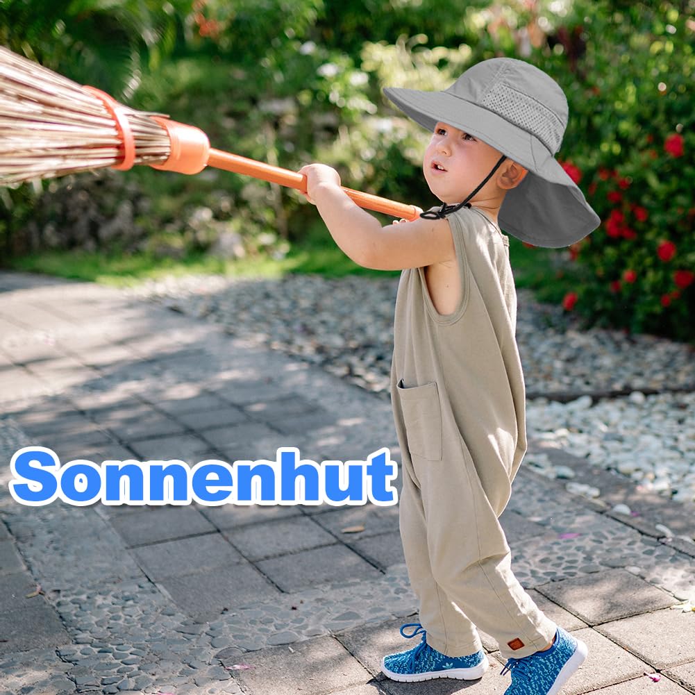 Kinder Sonnenhut mit Nackenschutz UPF, Verstellbarer Kinnriemen, Atmungsaktiv Netz, für Jungen und Mädchen, Strand, Garten, Spaziergang im Freien