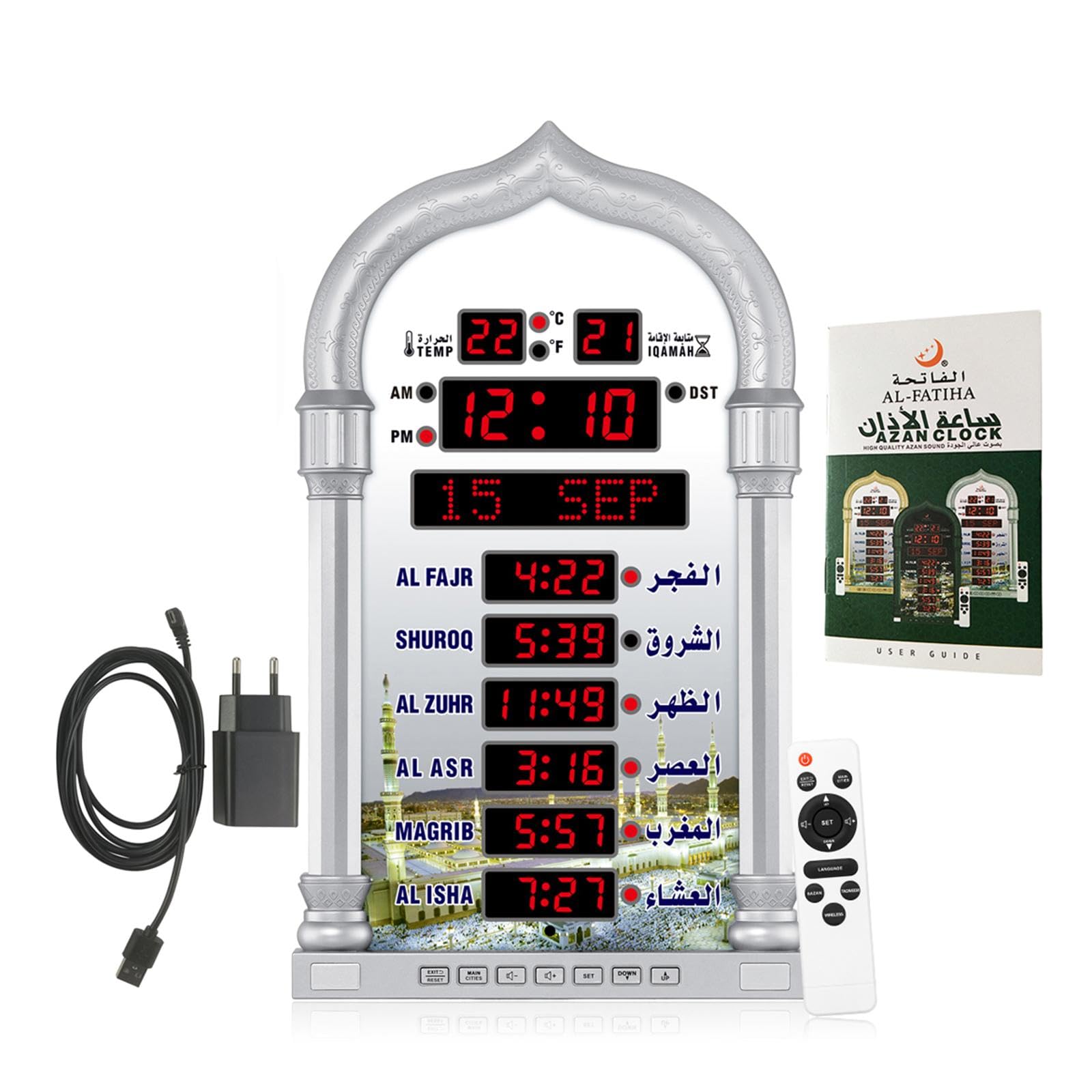 Colcolo Azan-Uhr, Moschee, Gebetsuhr, Kalender, Musikwiedergabe fürs Büro, Wanduhr, Mehrzweck-Digitaluhr, dekorative Uhr, Silber
