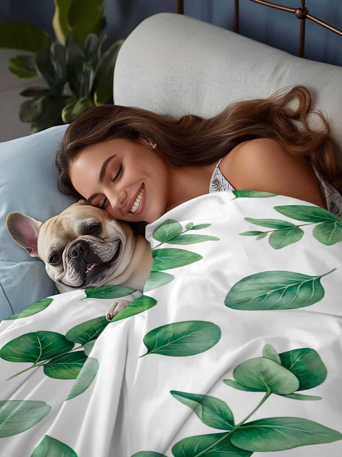 Top Sheet Queen Bedding Flat Sheet Only, Watercolor Eucalyptus Leaves Microfiber Bed Sheets Soft Breathable Bedding Flat Sheets, Green Botanical Foliage Hotel Luxury Top Sheets