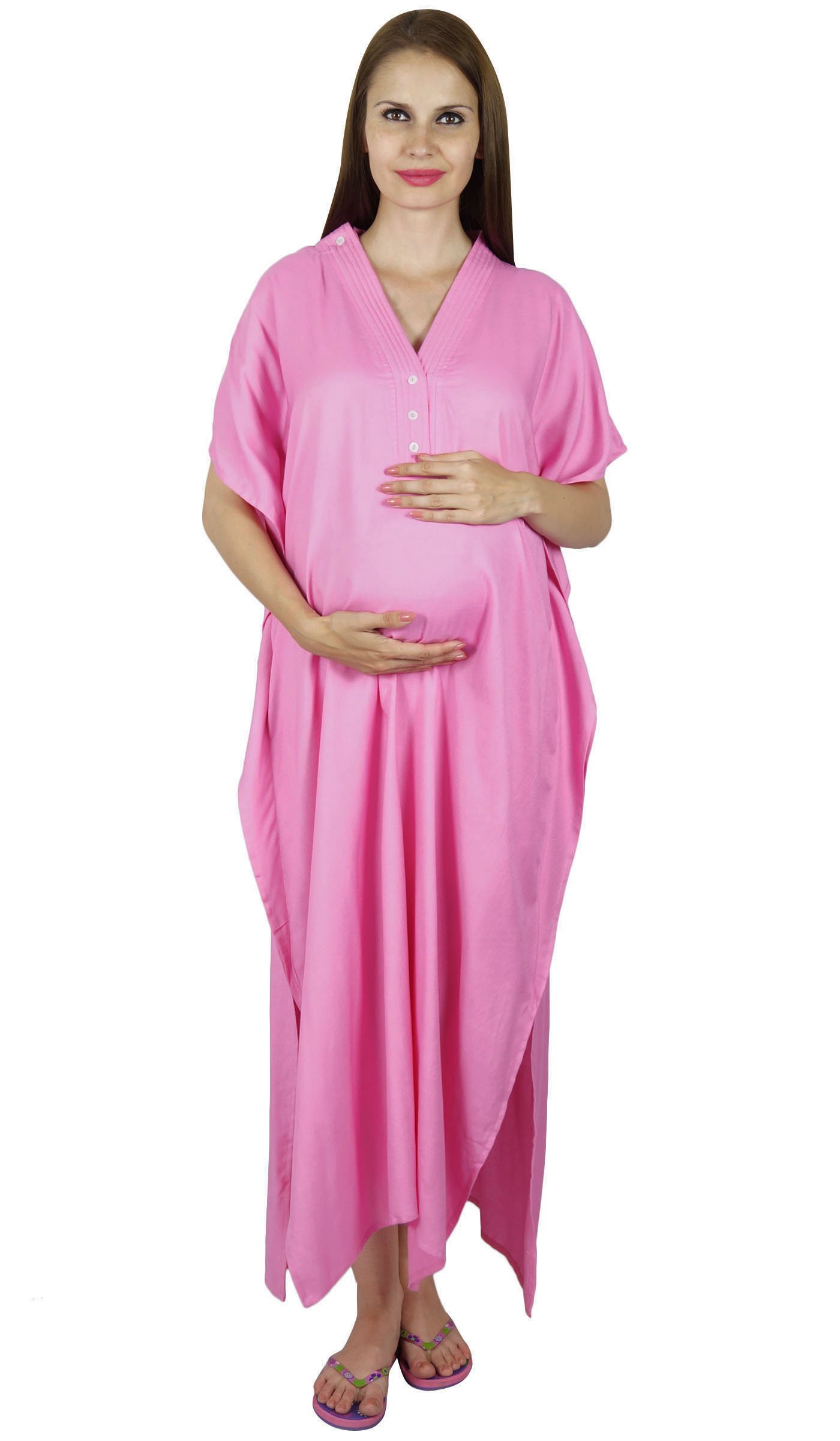 Bimba Women's Pink Maternity Kaftan Belt Nursing Night Gown, Front Buttons