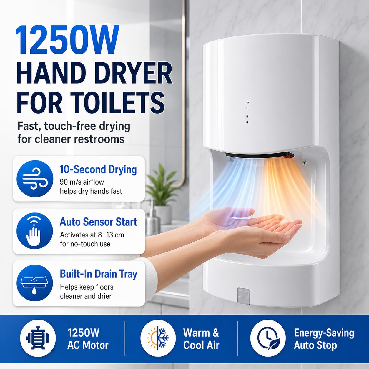 Asciugamani con sensore automatico, 1250 W, da parete, con vassoio di scarico per WC, bagni, hotel e ristoranti, finitura bianca