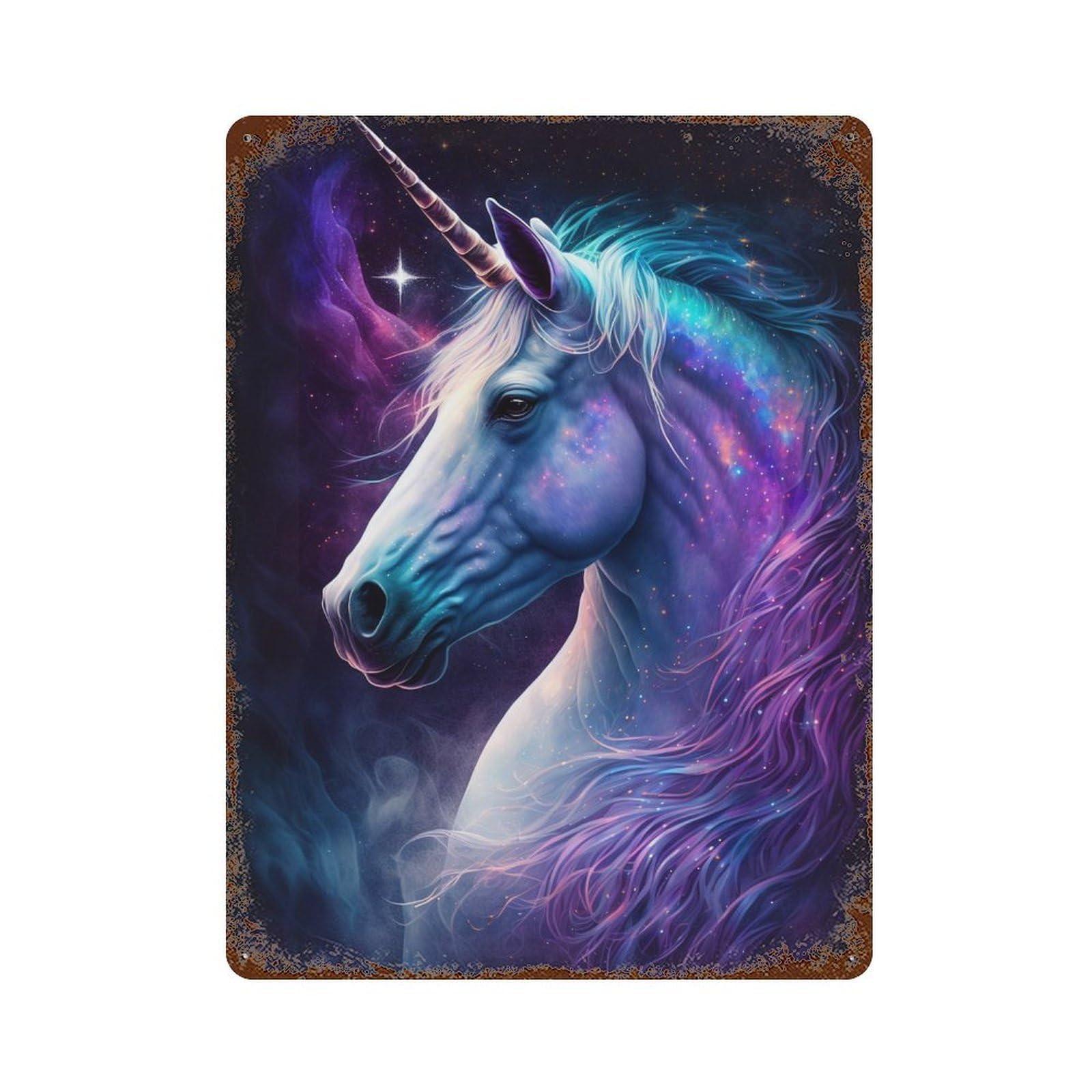Galactic Unicorn Art Print -1 15.7"x11.8" Distressed Metal Wall Sign, Shabby Chic Decor for Shed, Workshop And Garage Wall Decor