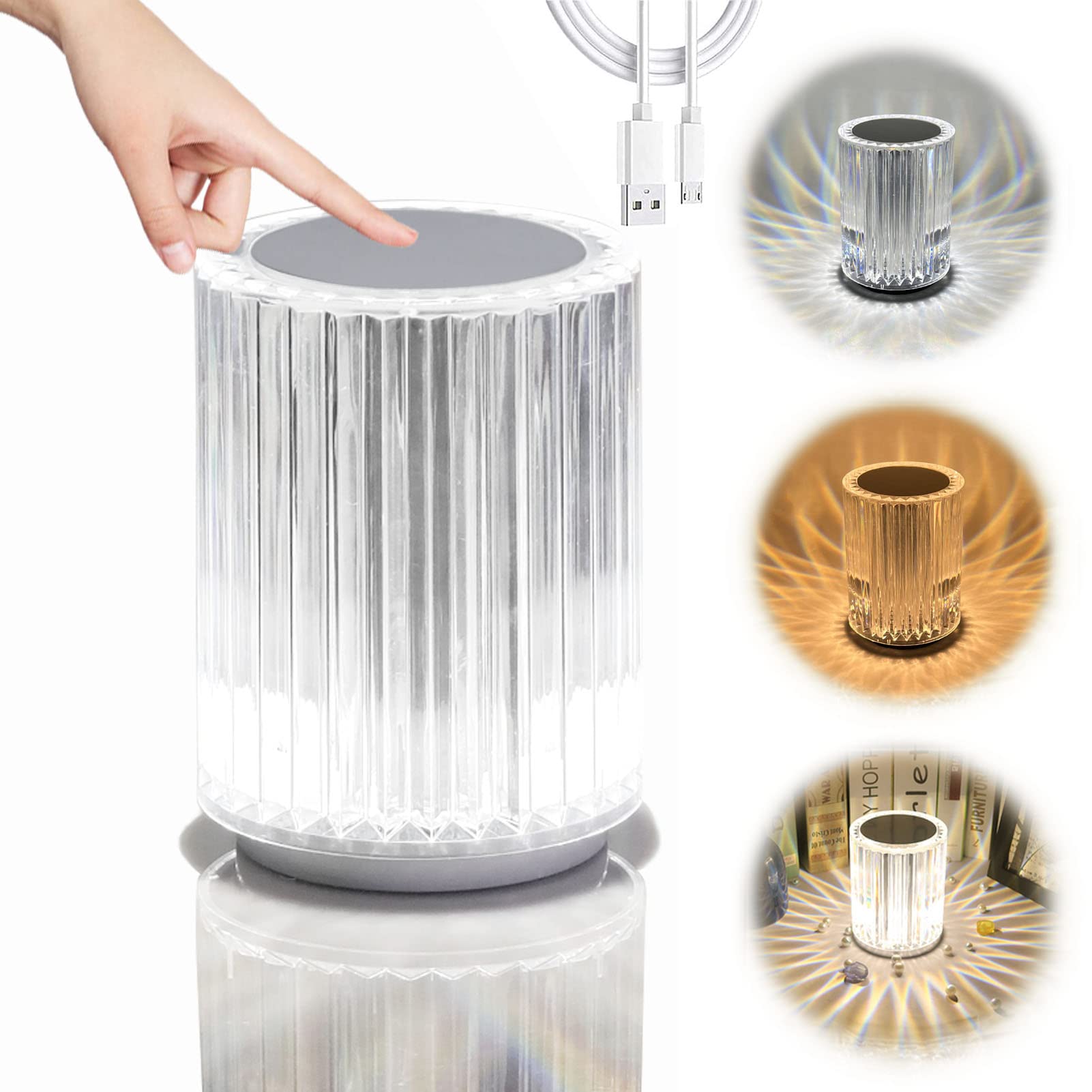 Crystal Table Lamp, Dimmable Bedside Lamp LED, Touching Control Crystal Lamp, Rechargeable Night Light, 16 Colour Changing Lamp with USB Port (H 11.5CM, 3 Colors)