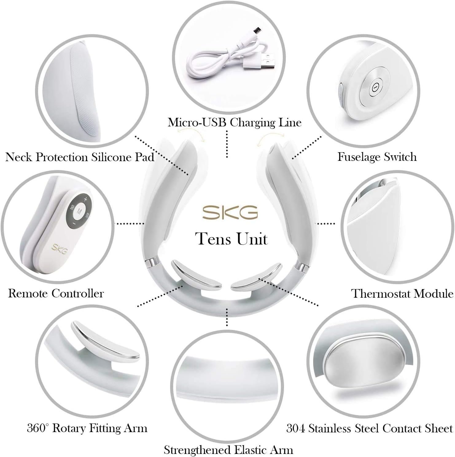 Diagram showing the components of the SKG Neck Massager, including neck protection silicone pad, micro-USB charging line, fuselage switch, remote controller, thermostat module, 360° rotary fitting arm, and 304 stainless steel contact sheet.