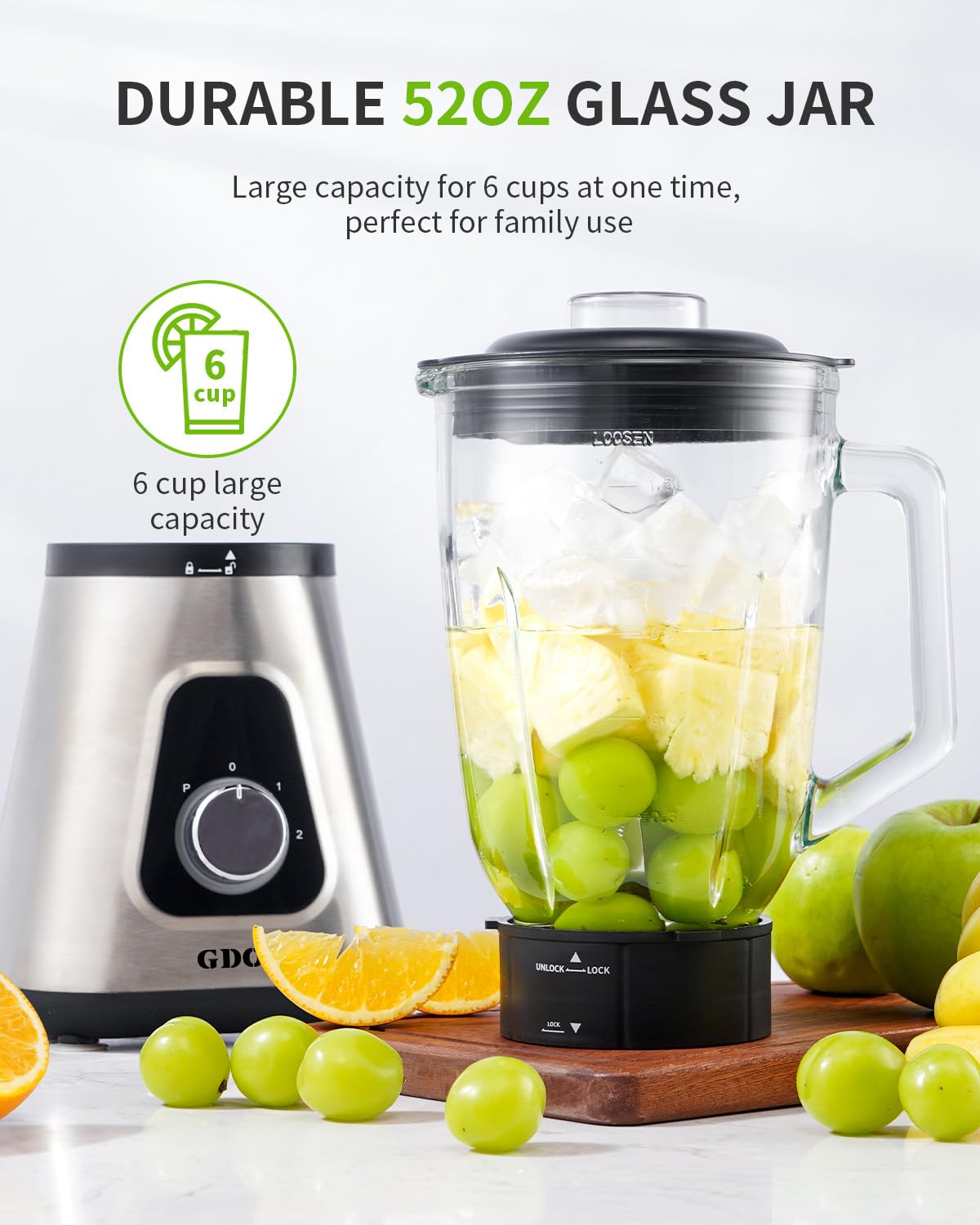 GDOR 1200 W blender do smoothie i smoothie, szklany słoik o pojemności 50 uncji i kubek na wynos 22 uncje, blender z 6-listkowym ostrzem, 3 regulowane prędkości do soków, napojów
