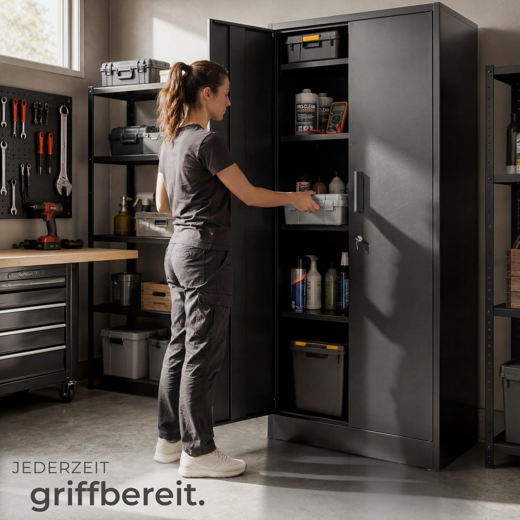TecTake® Aktenschrank, 60 x 40 x 180,5 cm, mit Magnetverschluss und 4 verstellbare Böden, abschließbar,mit Kippschutz, höhenverstellbare Füße, pulverbeschichtet, inkl. Handschuhe für Aufbau - schwarz