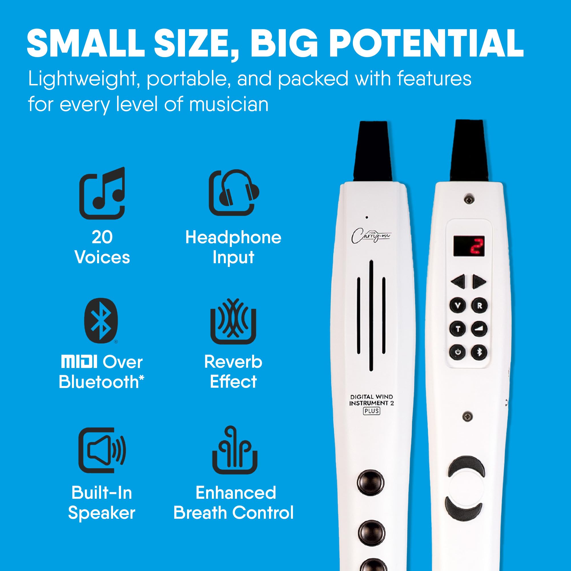 Carry-on Strumento a fiato digitale 2 Plus - 20 voci, batteria ricaricabile USB integrata, uscita cuffie per esercitarsi silenziosamente, registratore digitale Midi Over Bluetooth bianco