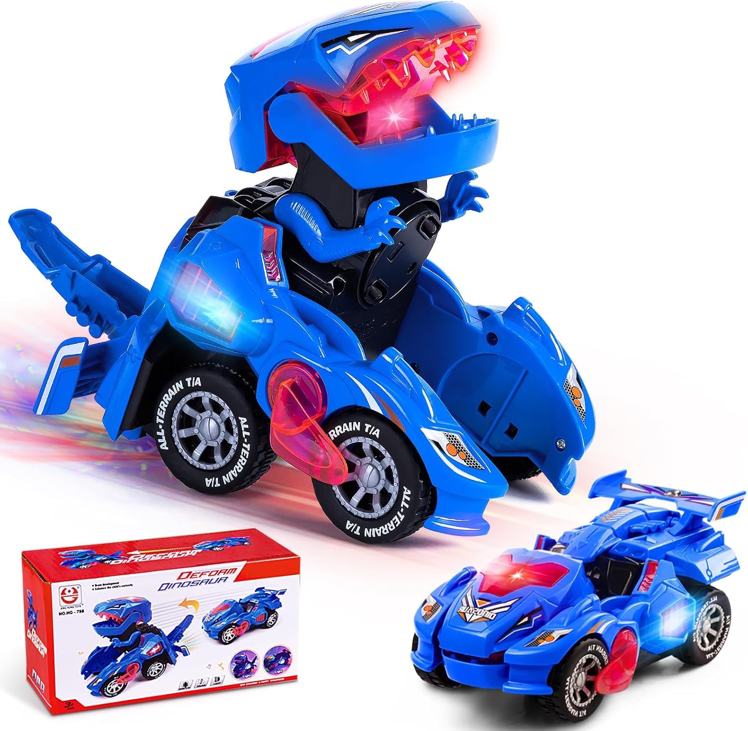 Yellcetoy Dinosauri Transform Giocattoli, Macchina Dinosauri con Musica e Luci, Auto Dinosauro Dino Giocattolo Regali di Natale Compleanno per Bambini Ragazzi 3 4 5 6 7 anni Blu
