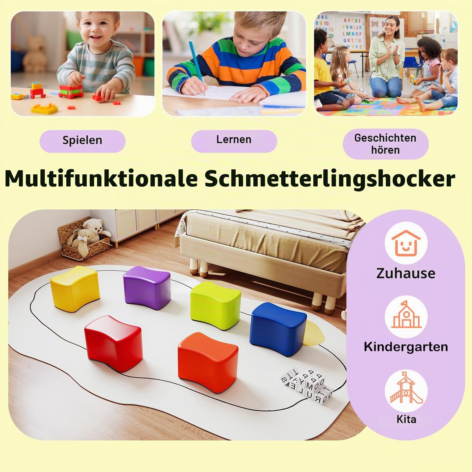 LIFEZEAL 6er Set Kinderhocker, Sitzhocker aus Schaumstoff, Kinder Fußhocker mit Bezug aus Kunstleder, Polstermöbel Kinderstuhl für Kinderzimmer, Kindergarten, Babyzimmer