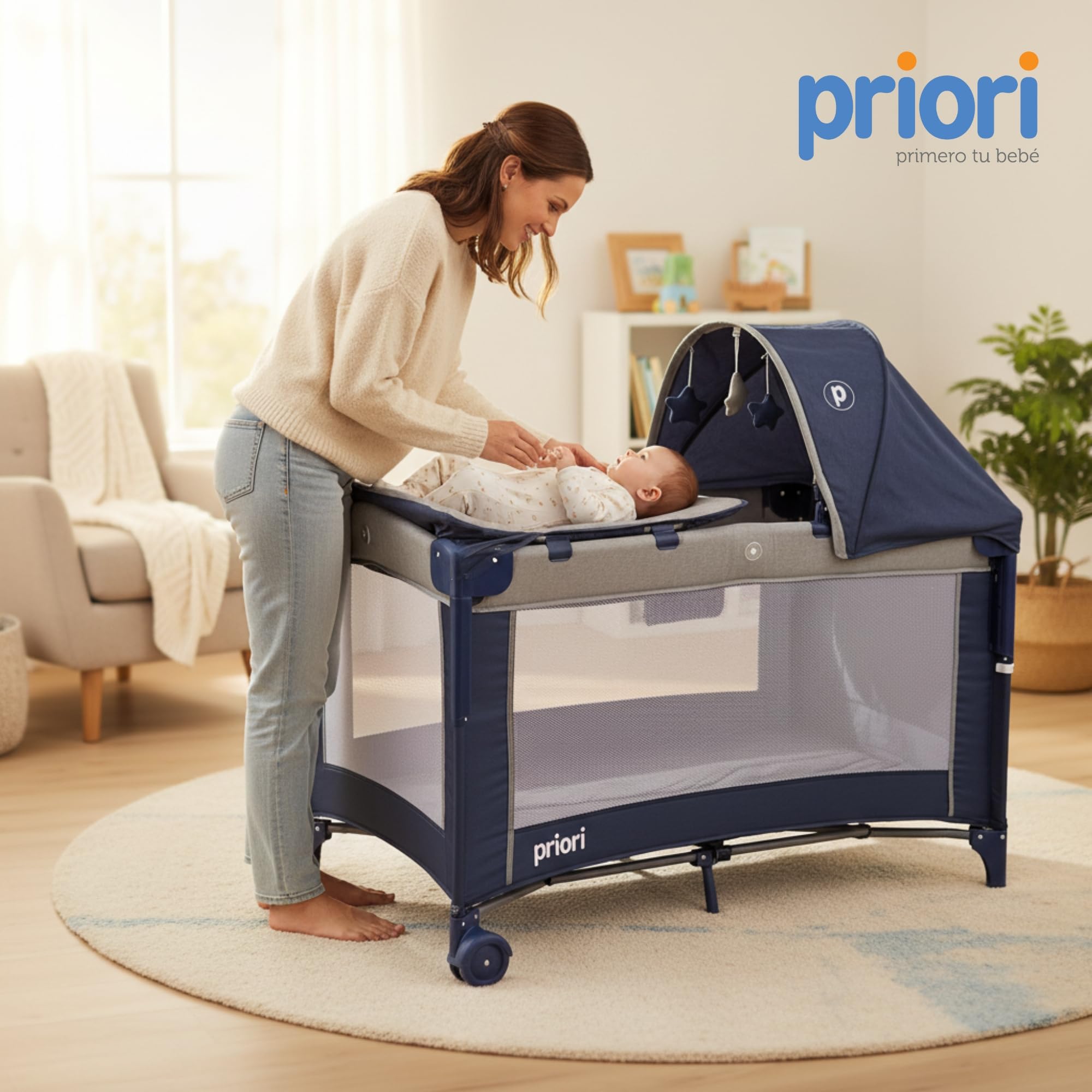 Priori Baby Halley Cuna Colecho Convertible 2 en 1 para Bebé – Portátil con Cambiador, Toldo y Juguetes, Regulable en Altura con Malla Transpirable Ruedas con Freno y Colchón Suave, Hasta 15 kg (Gris)