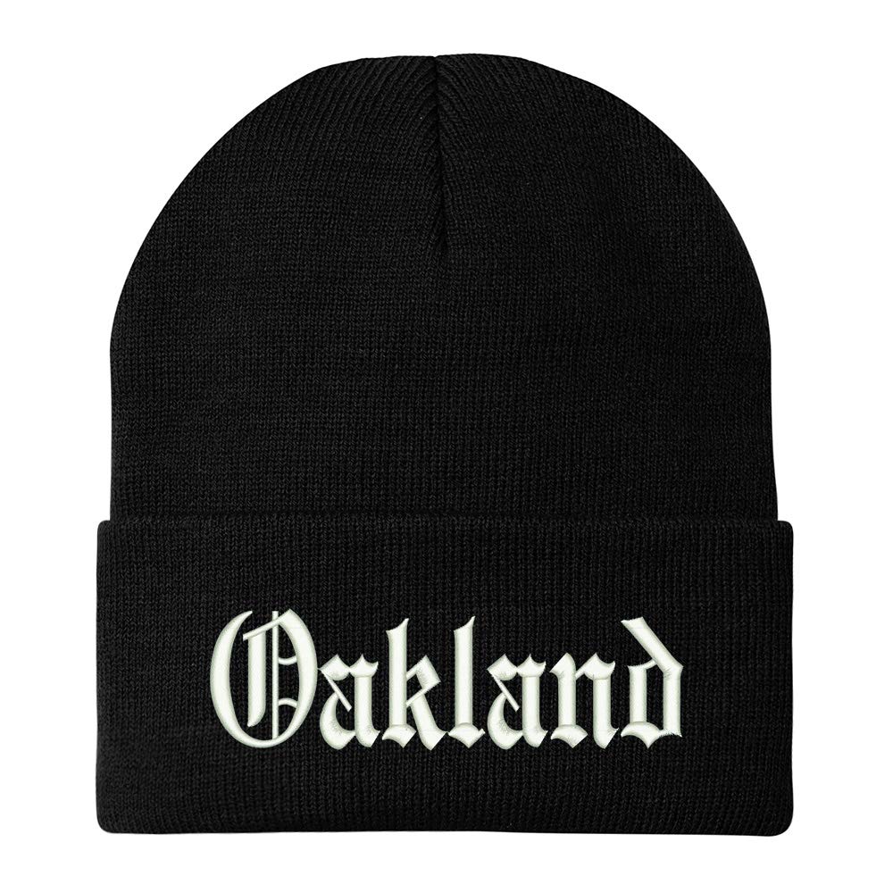 Trendy Apparel Shop Old English Font Oakland City Embroidered Winter Long Cuff Beanie - Black