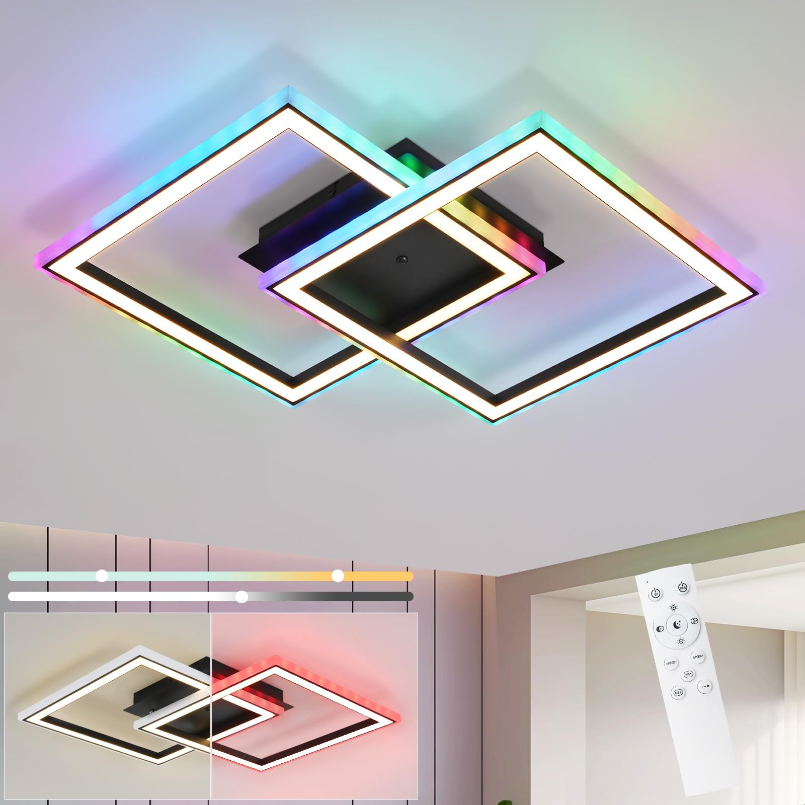 Homefire LED Deckenleuchte RGB Farbwechsel Deckenlampe Schwarz 40W Dimmbar | Modern Schlafzimmerlampe mit Fernbedienung, Eckig Deckenleuchten, Metall Küchenlampe für Jugendzimmer, Wohnzimmer, Gaming