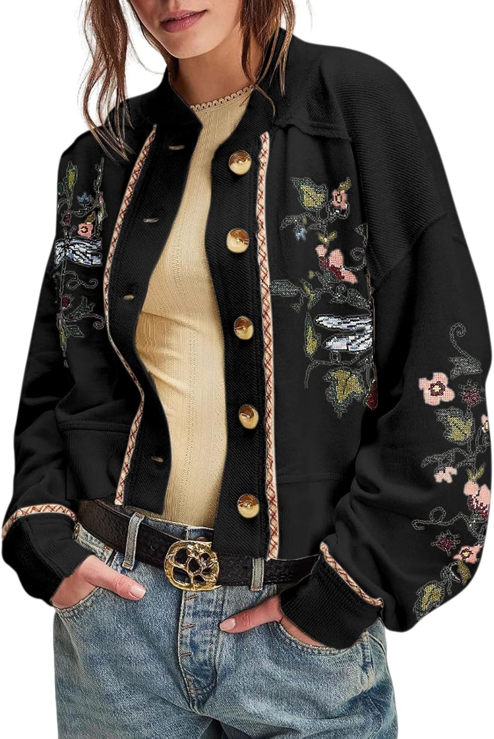 loveimgs Women Chunky Knit Cardigan Embroidered Button Cardigan Jacket Crop Sweatshirt Outwear Collarless Fall Outfits 2025