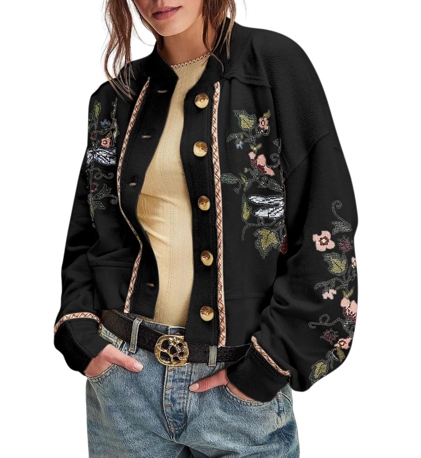 loveimgs Women Chunky Knit Cardigan Embroidered Button Cardigan Jacket Crop Sweatshirt Outwear Collarless Fall Outfits 2025