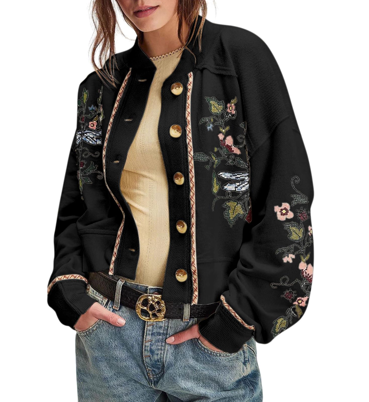 loveimgs Women Chunky Knit Cardigan Embroidered Button Cardigan Jacket Crop Sweatshirt Outwear Collarless Fall Outfits 2025