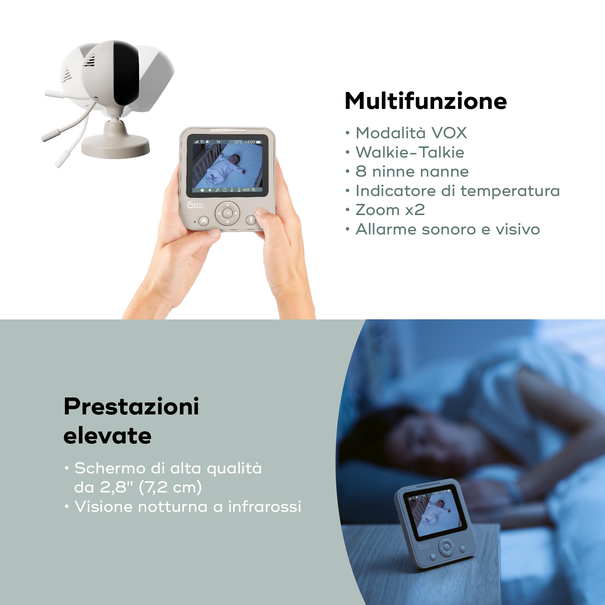 Babymoov Video Baby Monitor YOO Start, Portata 300m, Senza Wi-Fi | Schermo a Batteria - Visione Notturna, Talkie Walkie e VOX - 8 Ninne Nanne e Termometro - Garanzia a Vita