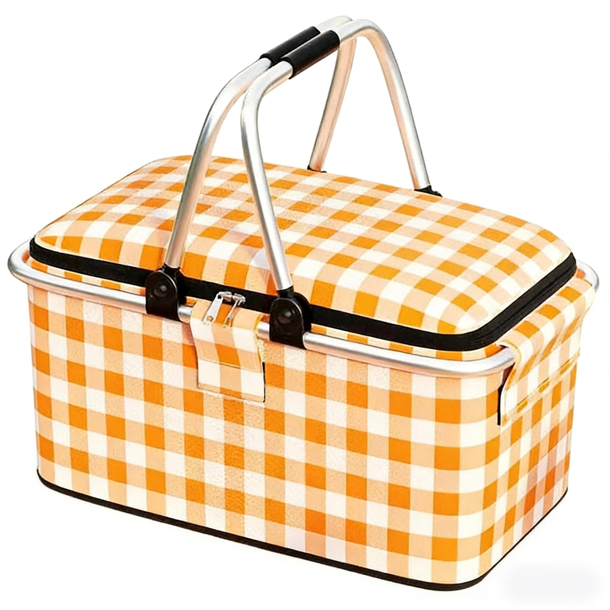 Foldable Insulated Picnic Basket (25L),Thermal Cooler Bag with Aluminum Foil Lining, Reusable Portable Picnic Tote for Camping, Picnic and Grocery Shopping (Yellow Plaid Pattern (Aluminum Frame))