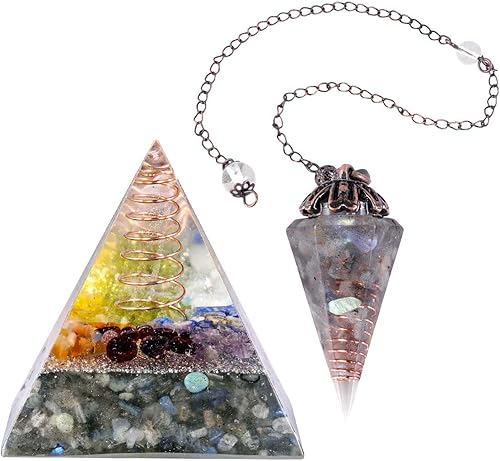 Miniatura 8 de mookaitedecor Juego de pirámide y péndulo de orgón de lapislázuli, pantalla decorativa de cristal para adivinación, curación de chakras y meditación