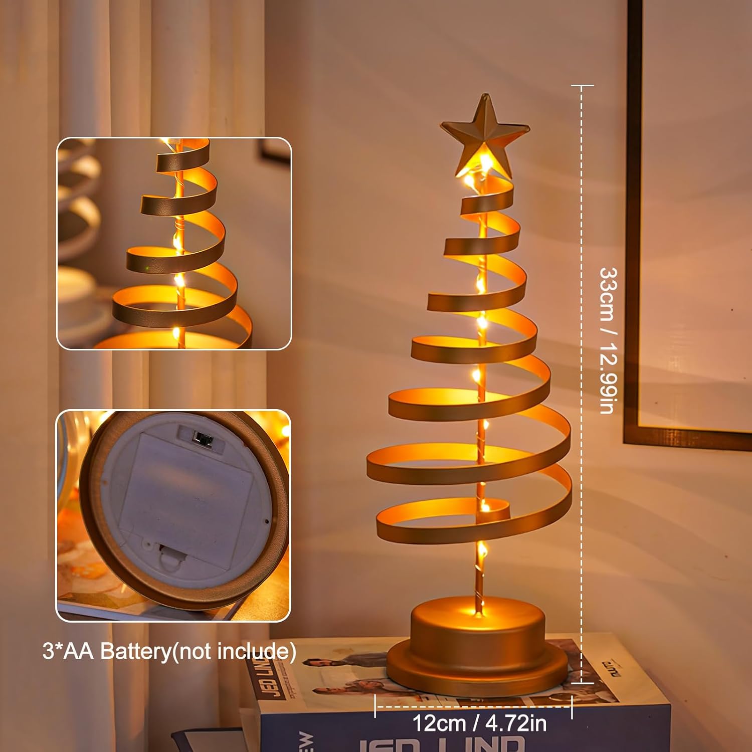 AVEKI Christmas Tree Table Lamp, Iron Spiral Christmas Tree Lamp, Battery Powered Night Light for Table Centerpiece Mantle Holiday and Home Decor (Gold Spiral)