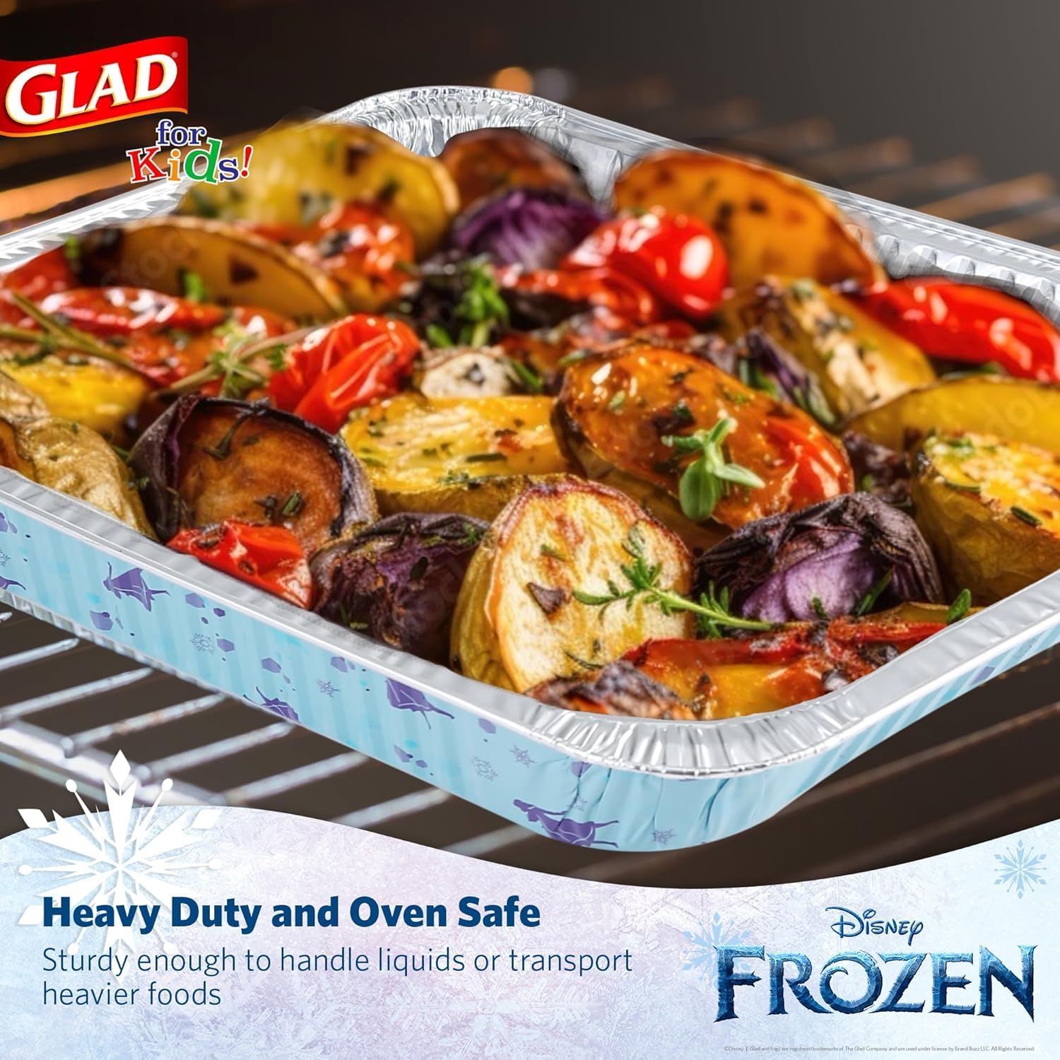 Glad Disposable Aluminum All Purpose Pans in Frozen Pattern, with Lids - Party Platter Foil Steam Pans - 12.5” x 10.2” x 2.16” Aluminum Pan - Disposable Steamware, 3 Count - 24 Pack