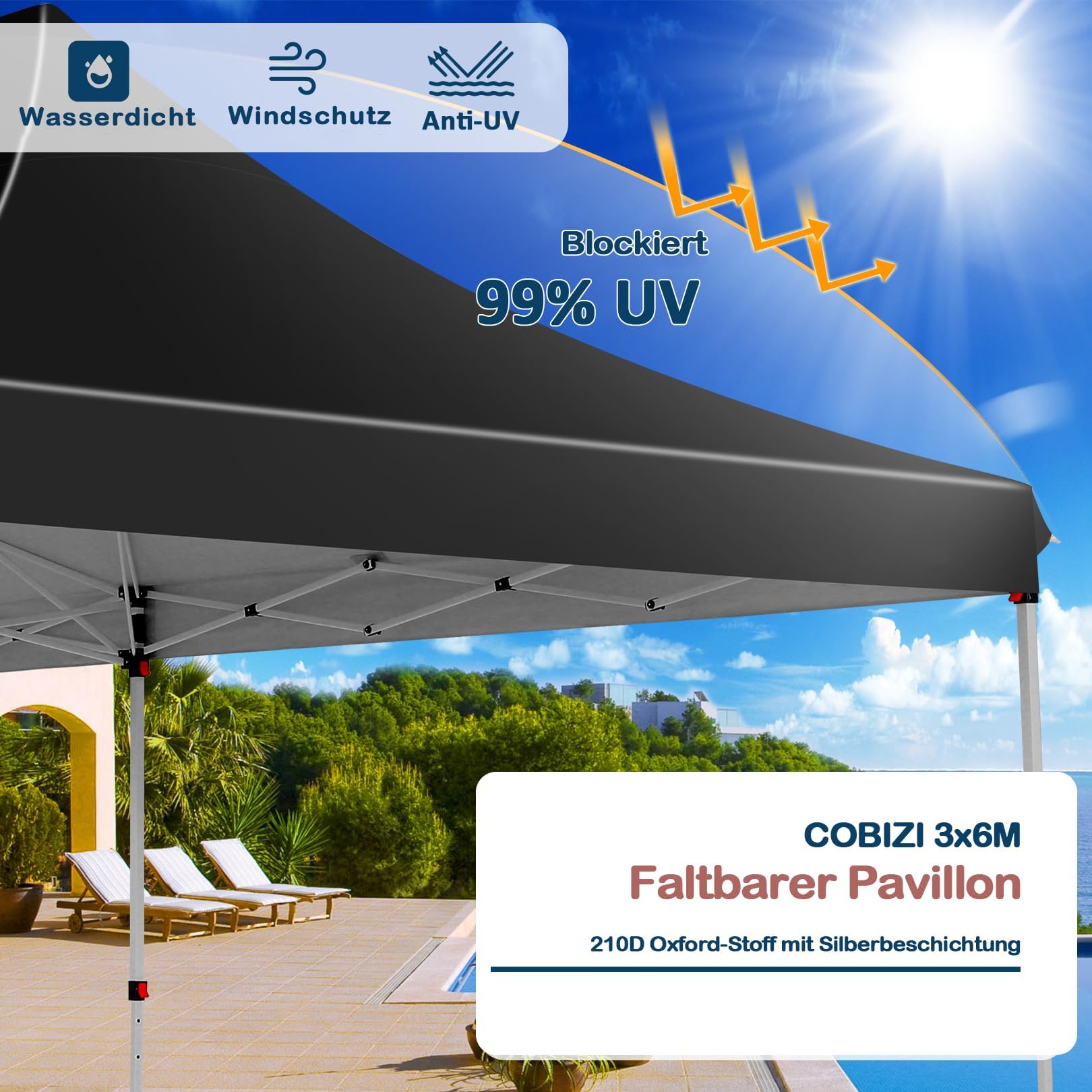 COBIZI Gazebo 3x6 Pieghevole Impermeabile con 6 Parti Laterali, UV 50+ Gazebo da Giardino Tenda Padiglione Pop up con 4 Sacchi di Sabbia, per Campeggio, Festival, Feste