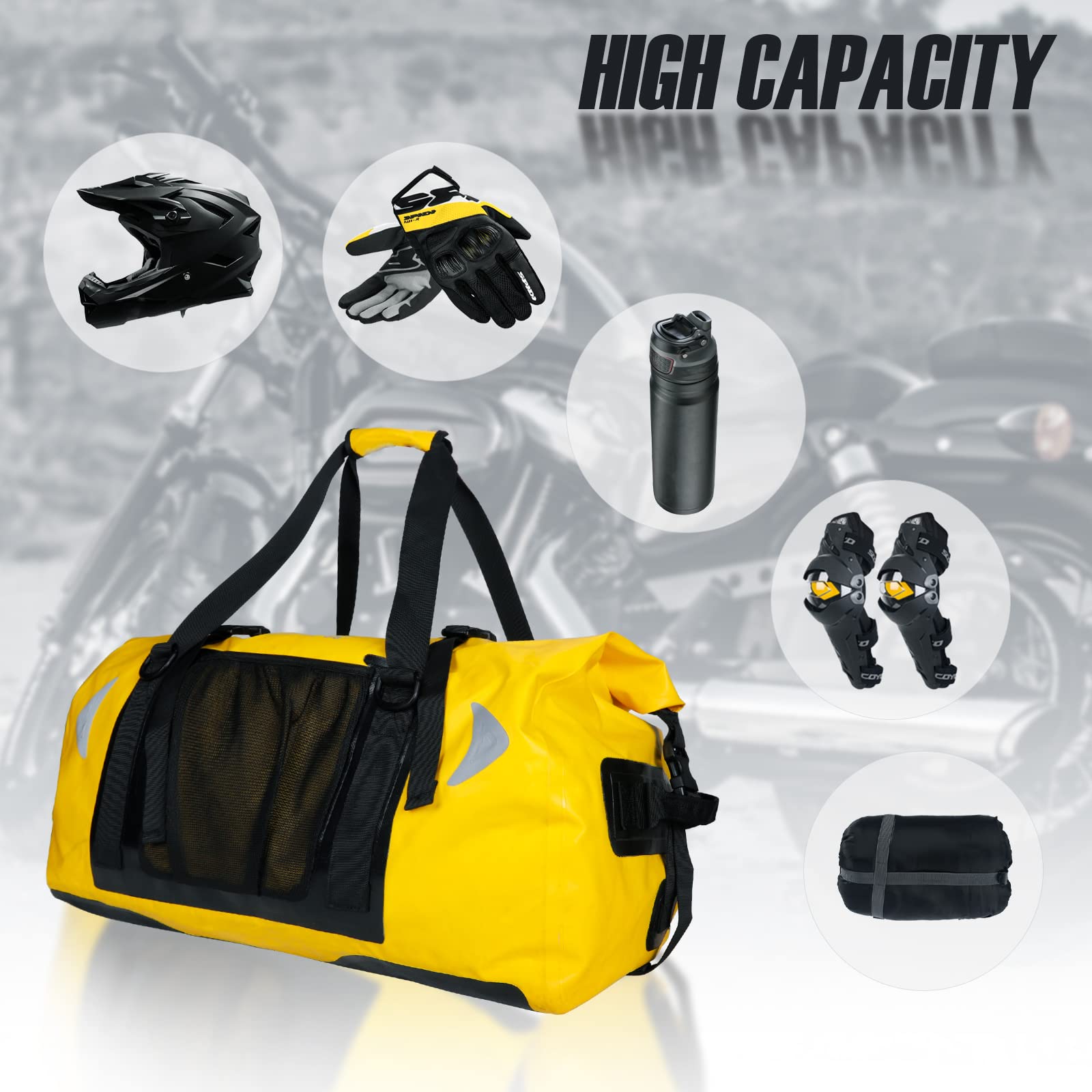 65L wasserdichte Duffelbag für Damen und Herren – Große Motorrad-Reisetasche mit Gurten für den Rücksitz – Rollverschluss-Drybag für Kajak, Rafting, Bootfahren, Schwimmen, Strand (Gelb)