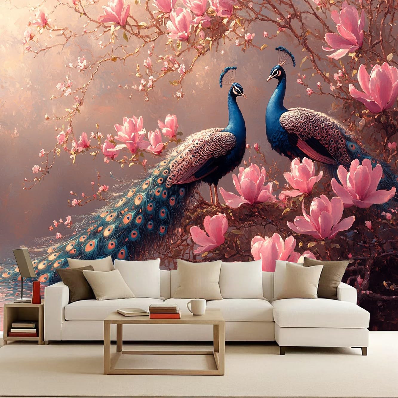 Fototapeta paw 250 x 175 cm, tapeta z włókniny XXL, nowoczesna tapeta ścienna, różowe kwiaty, paw, salon, sypialnia, efekt 3D, dekoracja ścienna, ptaki zwierzęce, do pokoju dziecięcego, jadalni