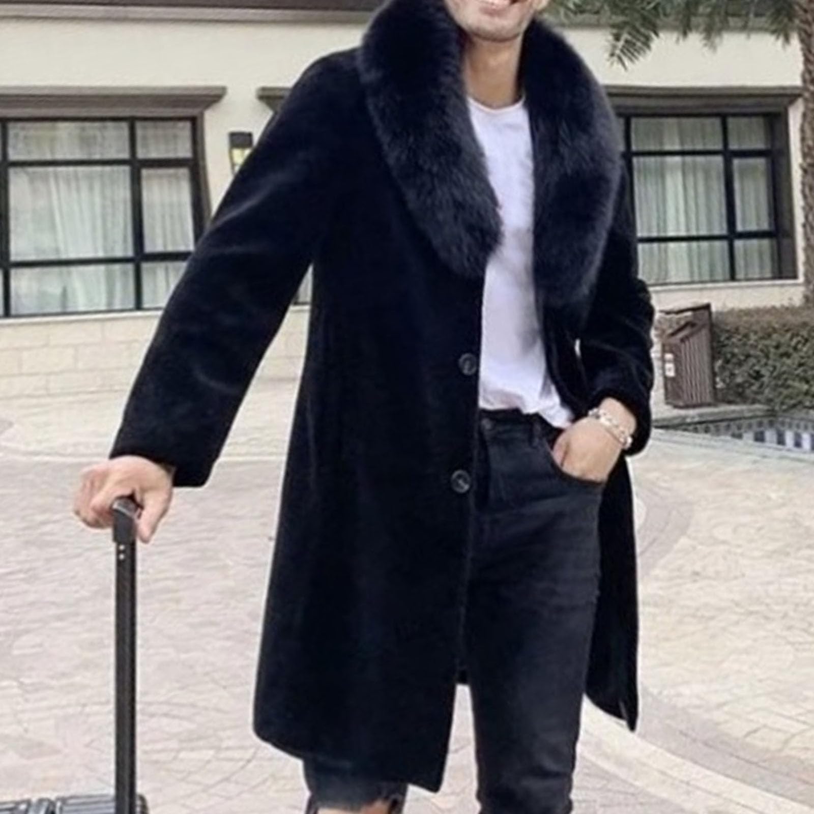 Trench invernale da uomo con collo in pelliccia sintetica, cappotto doppiopetto spesso, cappotto lungo da lavoro, parka