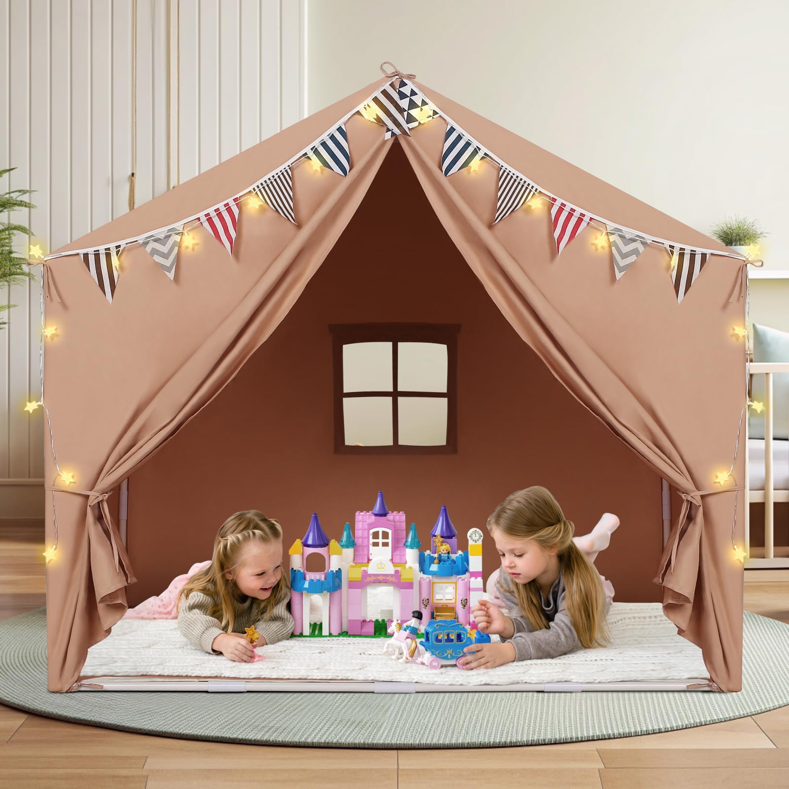 Kids Tent with Mat Playhouse for Kids Indoor Outdoor Play Tent for Toddlers 3 4 5 6 Year Olds(Brown)