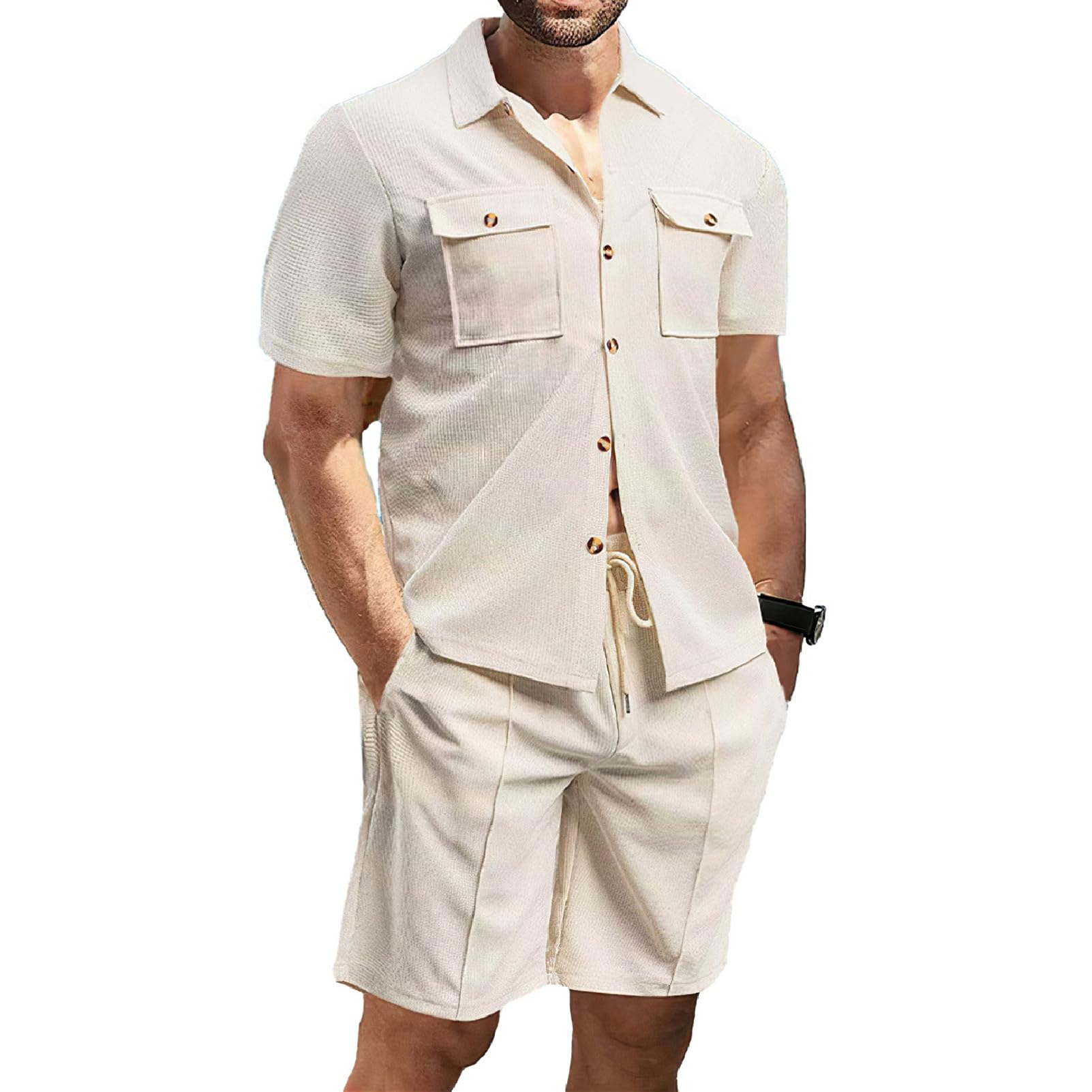 amropi Hommes Manches Courtes Survêtement Gaufre Chemise Haut à Boutons et Shorts Été Ensemble de Tenue