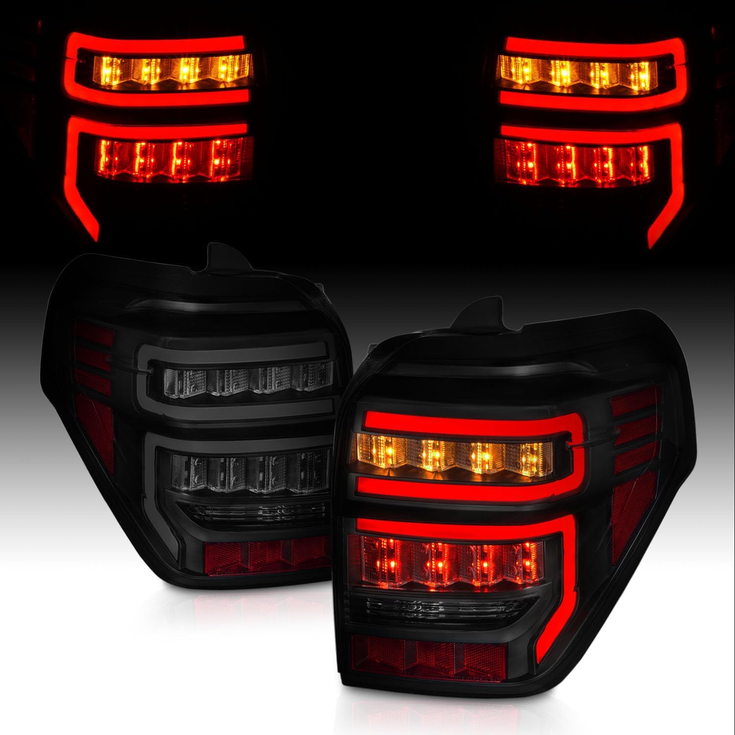 AmeriLite for 2014-2023 Toyota 4Runner Black Smoke [Sequential LED Signal] Tail Lights Assembly Rear Brake Lamps Pair - Passenger and Driver Side
