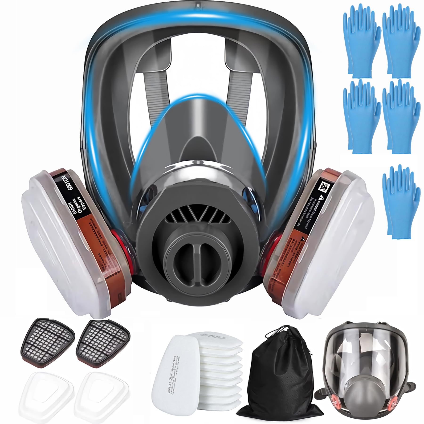 SGIXBE Full Face Respirator Mask, Reusable with Replaceable Filters, Anti-fog, Black, Silicone, for Welding, Spray Painting, Chemical Handling (Full Face+10 filter+5 Gloves)