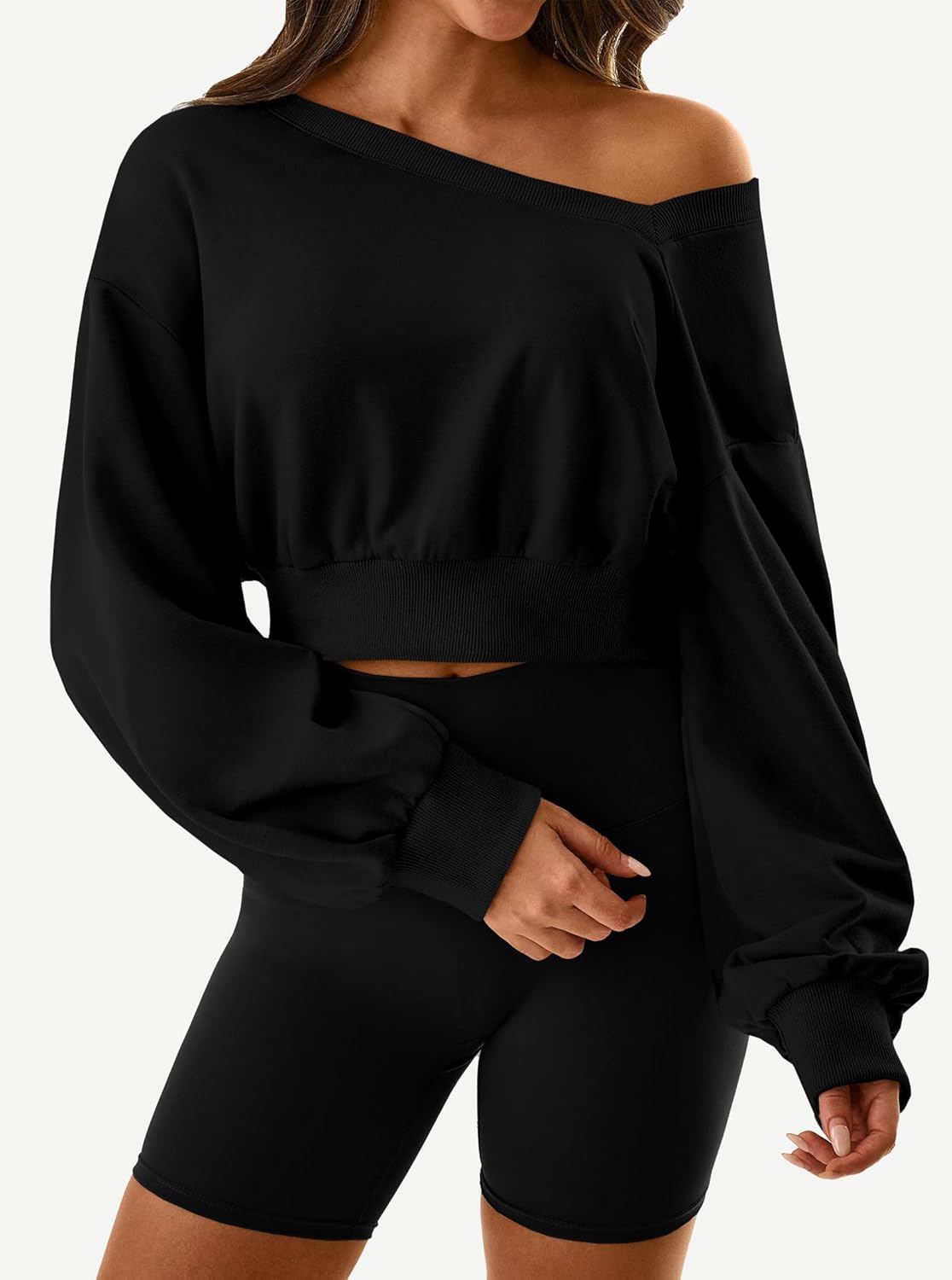 Hilinker Womens Cropped Off the Shoulder Sweatshirt Pullover Long Sleeve Crop Tops - Image 5