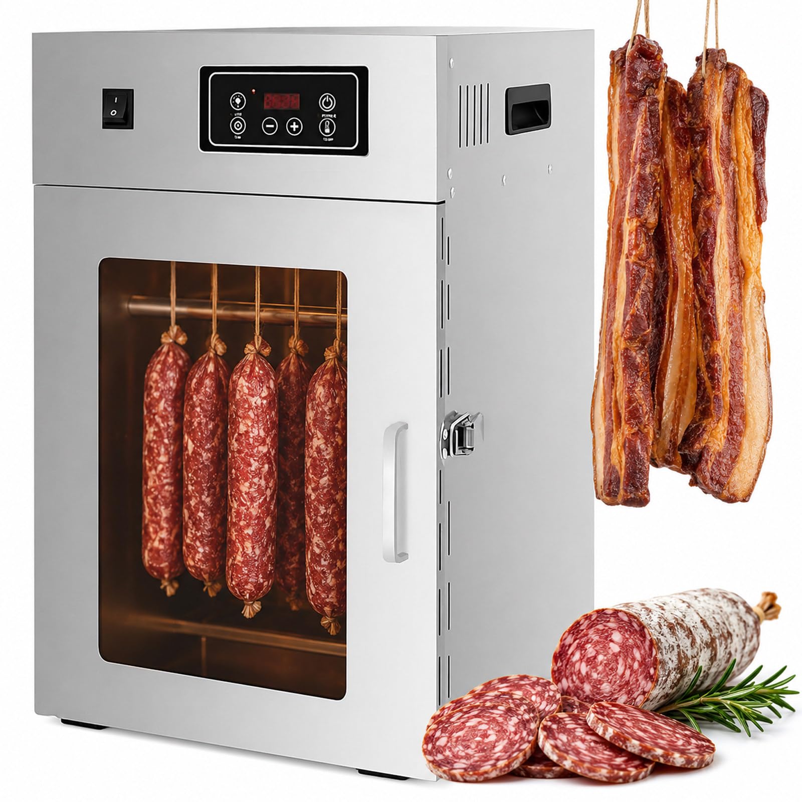Dörrautomat für Fleisch, Reifeschrank aus Edelstahl mit 14 Haken, 30-90℃ Temperaturregelung, 24h Timer, Wursttrockner und Trockenschrank für Speck, Fisch, Schweinefleisch und Geflügel