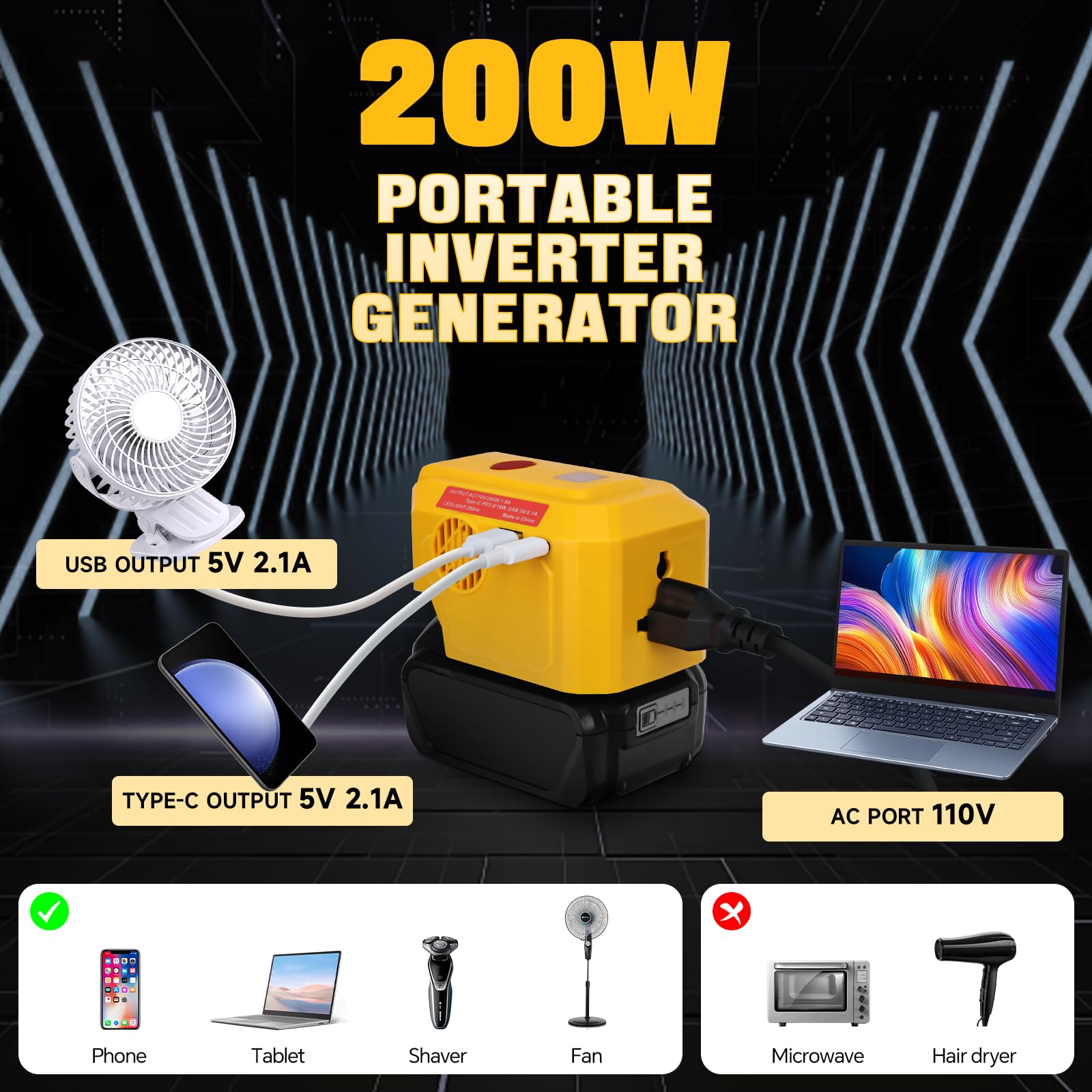 200W for Dewalt Power Inverter, for DeWalt 20V Battery Adapter Charger, with 110V AC Outlet &USB Port&Type-C Port& LED Light Portable Power Source