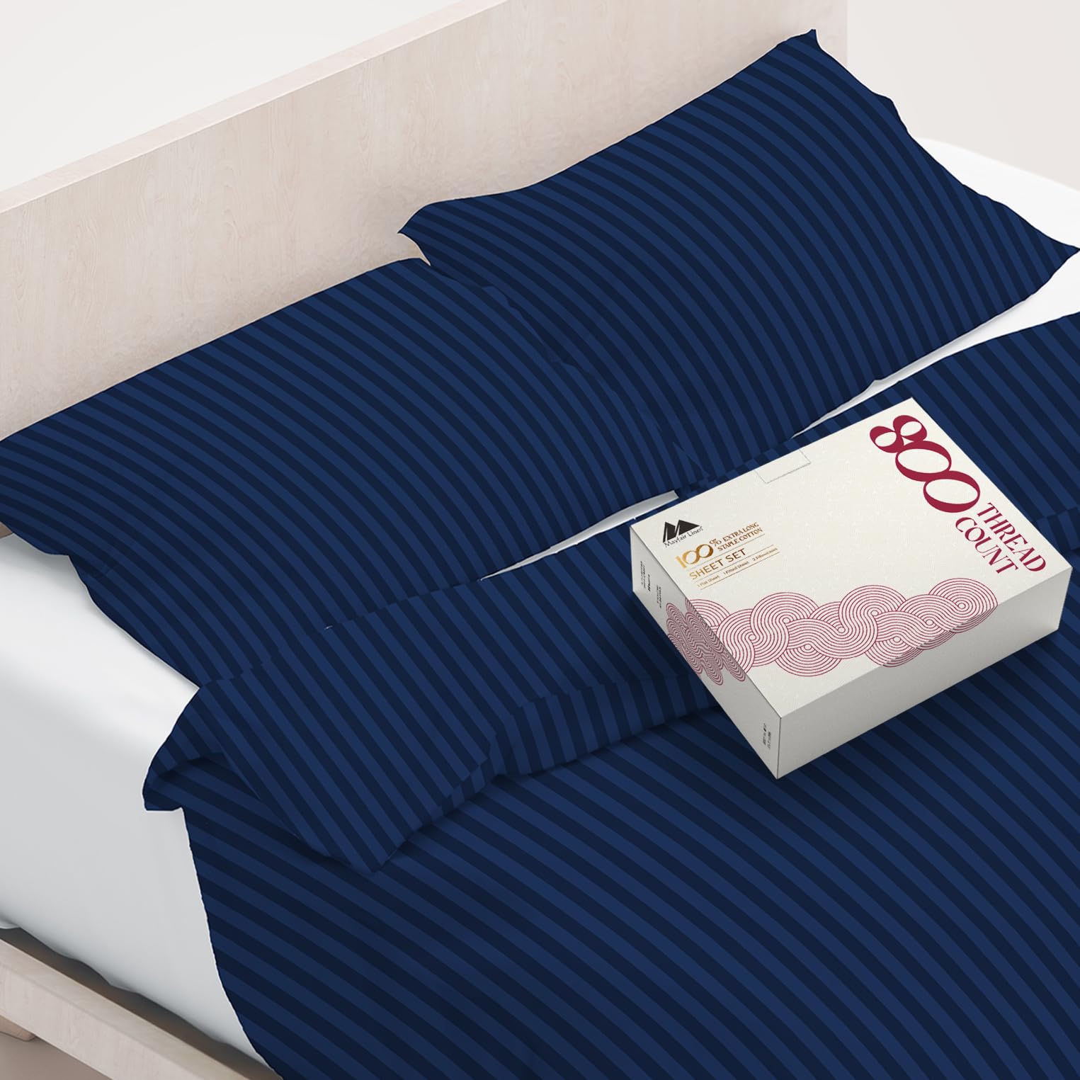 Mayfair Linen 800 Thread Count 100% Cotton Sheets,4 Piece Sheets Set, Long Staple Cotton, Fits Mattress Upto 16'' DEEP Pocket (Queen, Navy Blue - Stripe)