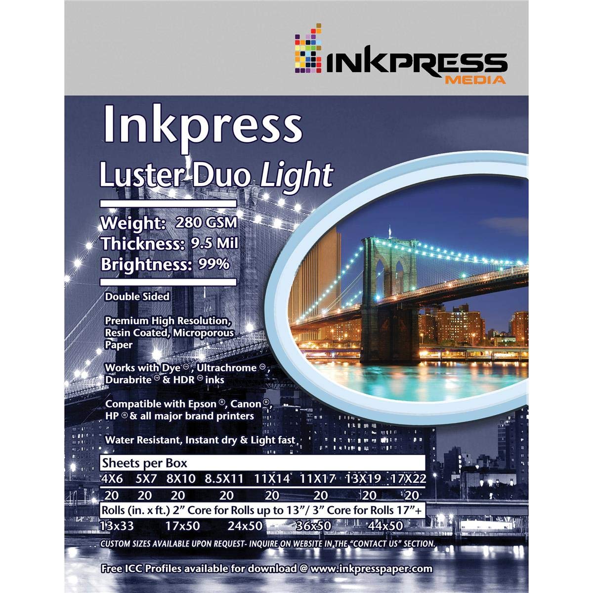 Inkpress Duo Luster Double Sided 8.5x11" Inkjet Paper 25 Sheets, 10 mil, 99 Percent Bright, 280 gsm