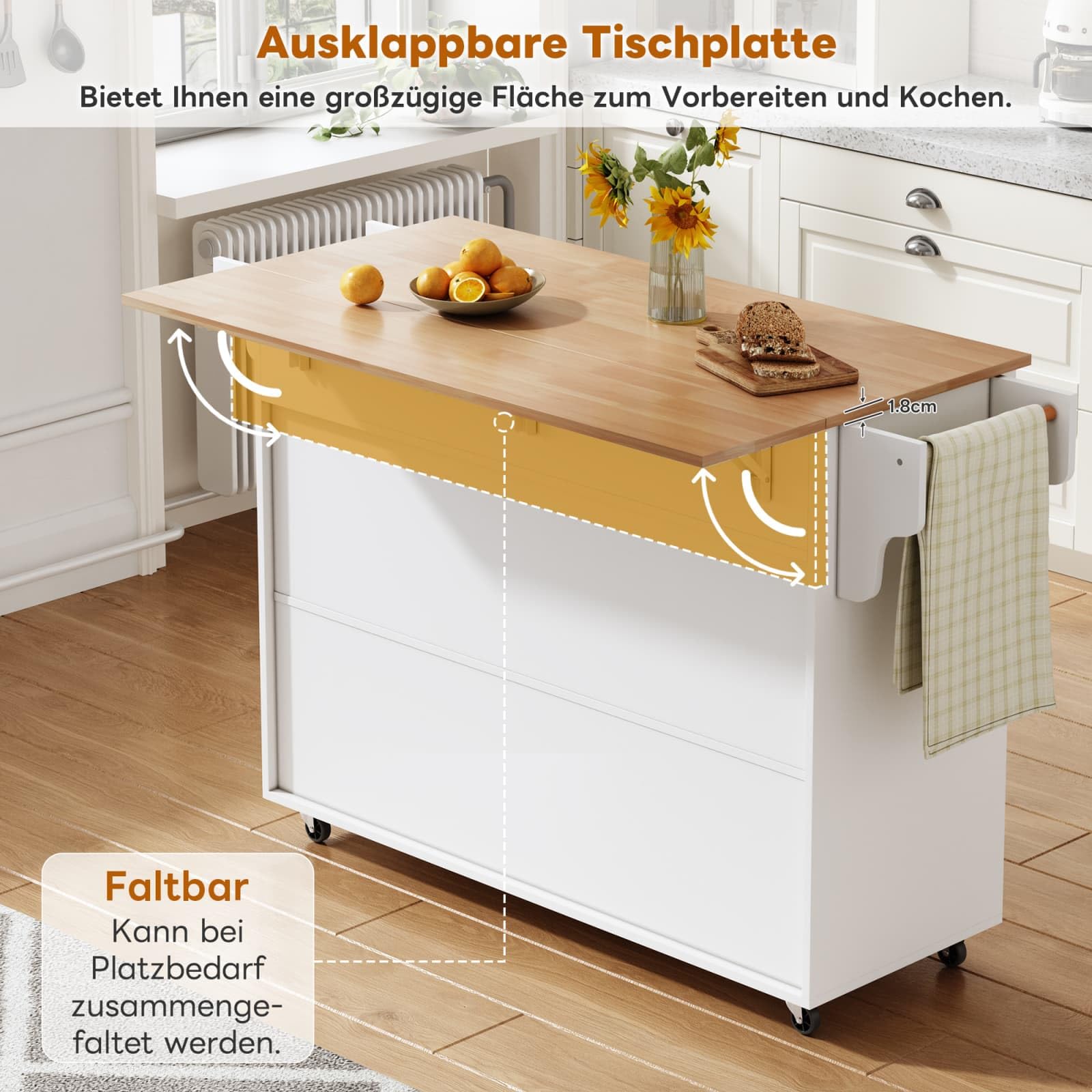 KOMHTOM ilot de Cuisine Moderne, Armoire de Cuisine, Chariot de Salle à Manger, Plateau de Table Pliable, 3 tiroirs, 2 Portes, étagère de Rangement et Porte-Serviettes (Blanc-10)