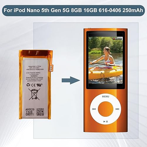 Miniatura 6 de Batería de repuesto 616-0406 compatible con iPod Nano 5 generación 5G 8GB 16GB 616-0406 250mAh A1320 con herramientas