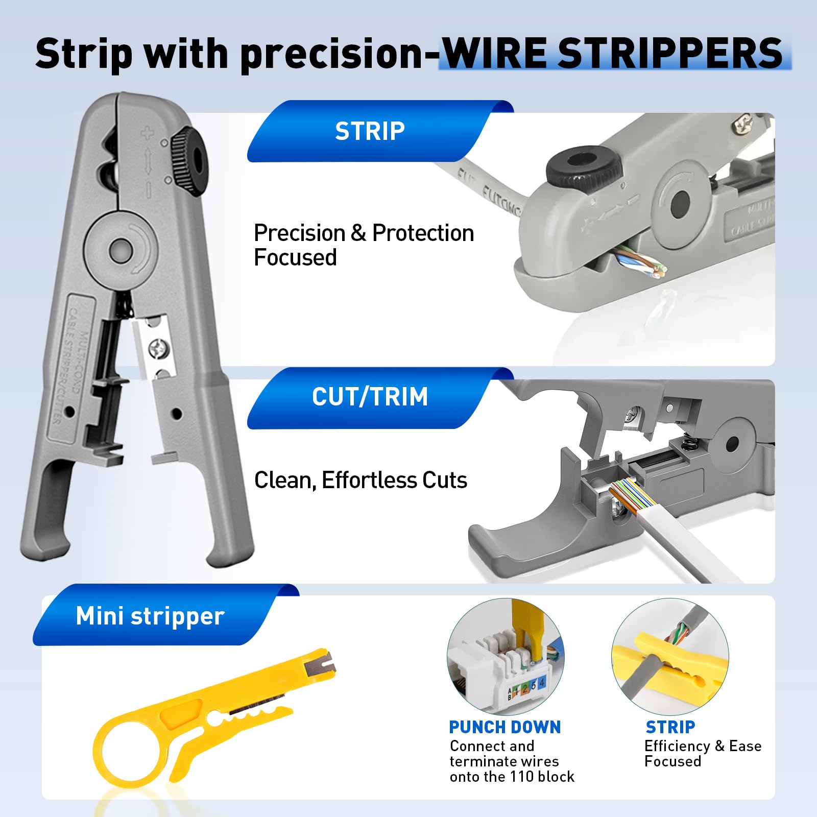 Kit di strumenti di rete professionale, 14 in 1, strumento di crimpatura RJ45, connettori e connettori passa-passacavi, tester per cavi, spellafili, strumento di perforazione Ethernet