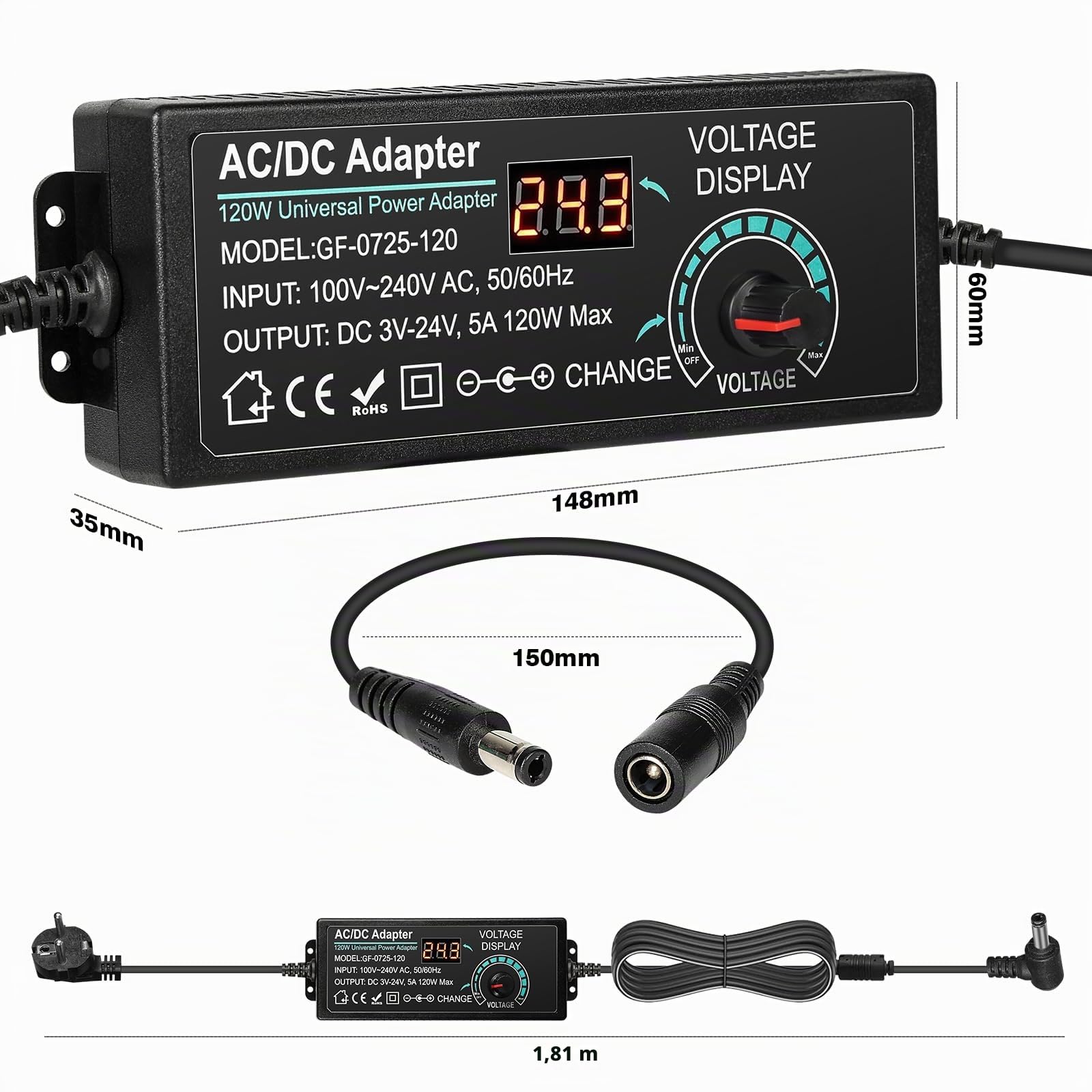 Alimentatore Universale 120W Regolabile 3V 5V 6V 12V 24V DC con USB 14 Connettori Spina Europea AC100-240V