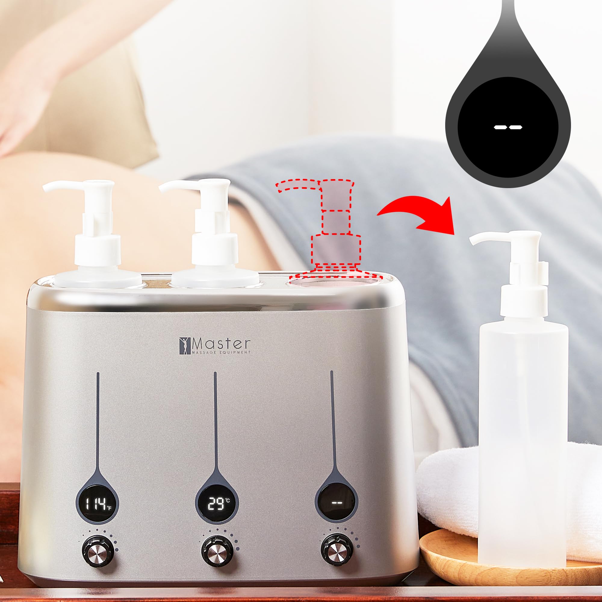 Master Massage Gen-II 3 butelki z olejem podgrzewacz z regulatorem temperatury, wyświetlacz LED do masażu balsamu olejku do masażu, w zestawie 3 x butelka z dozownikiem